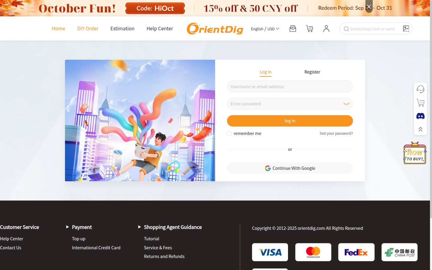 OrientDig DIY Order opened the login wall: Log in, Register, Continue With Google