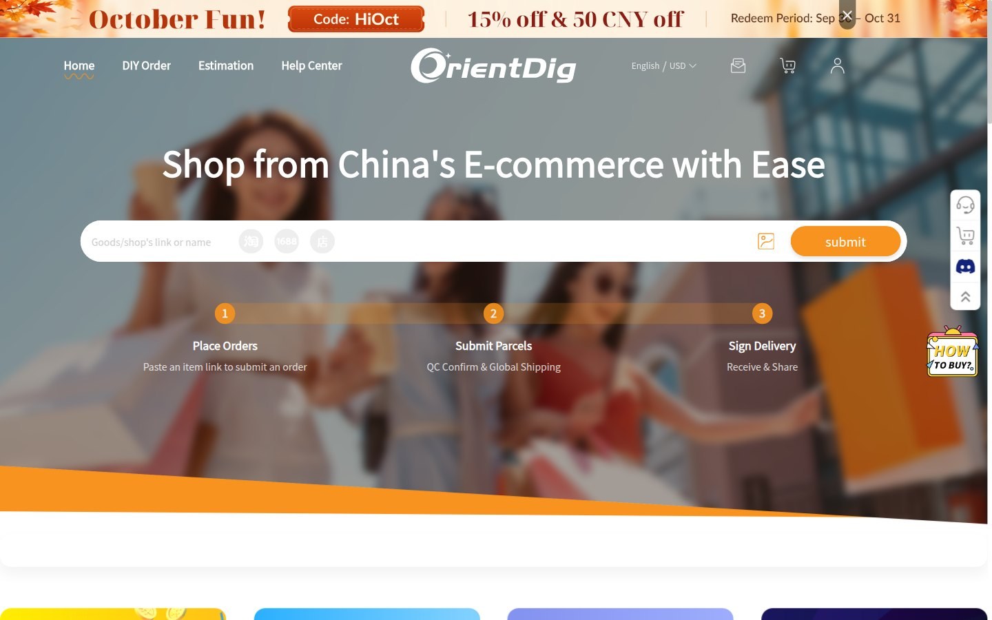 Official OrientDig homepage: orange wordmark, paste bar and three steps Place Orders, Submit Parcels, Sign Delivery